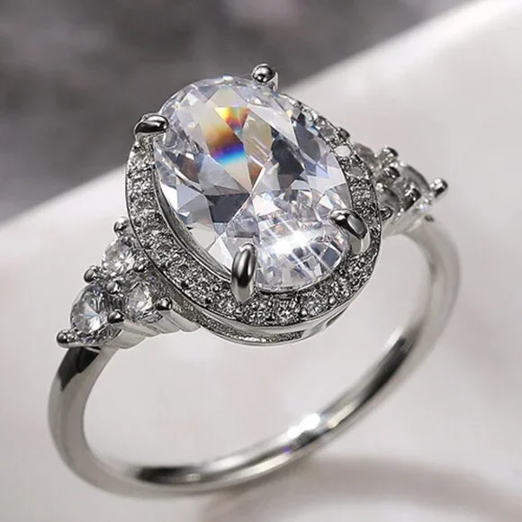 ▶Beautiful Noble Oval Pure CZ Macro Pave Silver Wedding Luxury Rings, K936